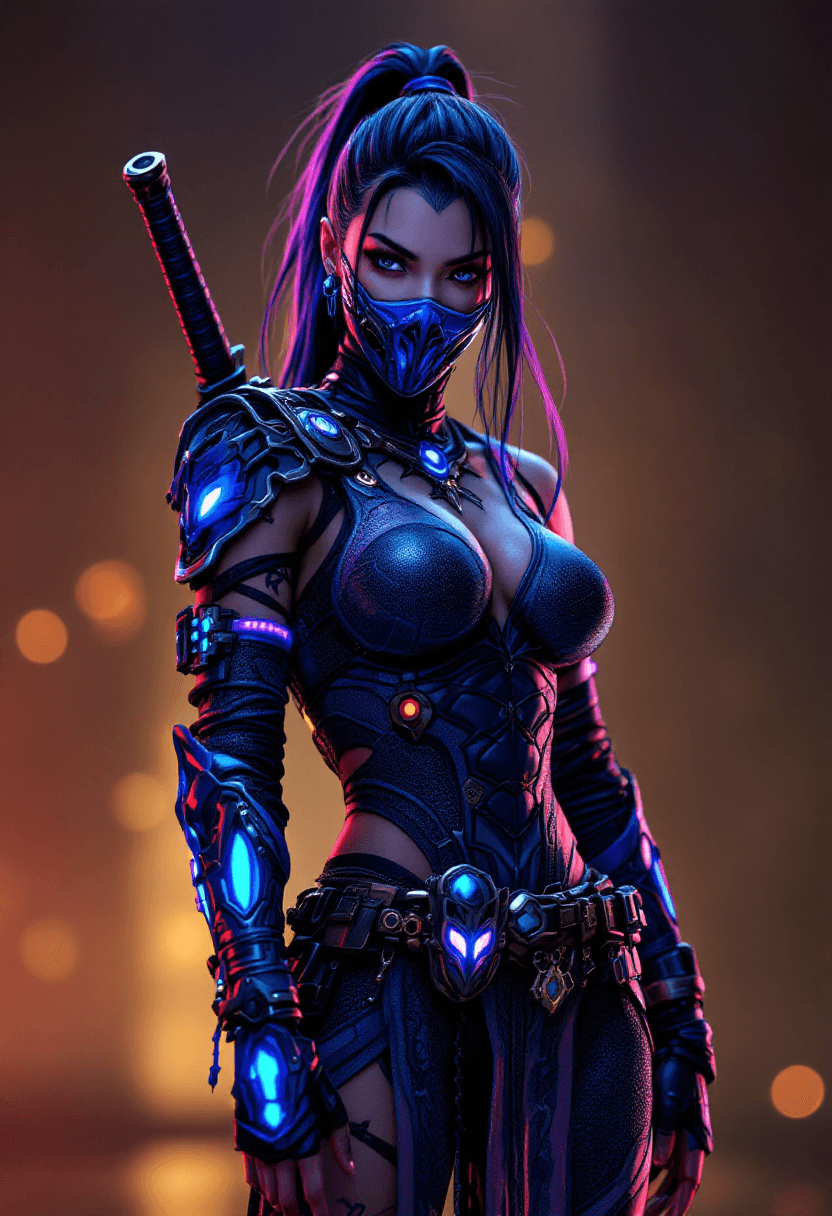 AI generated: Ultra realistic cyberpunk Kitana, Mortal Kombat character, wearing intricate warrior suit, blue with...