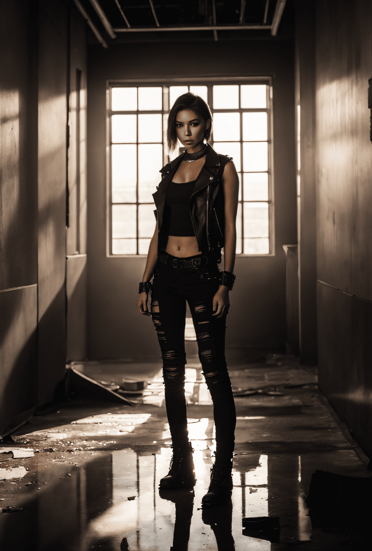 AI generated: dystopian style Shadow Play, Highlighting the interplay of light and shadow within the setting, uppe...