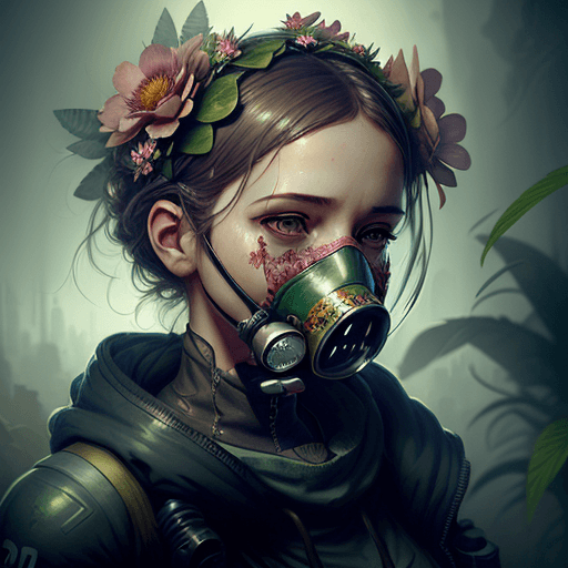 AI generated: a woman with a flower crown on her head and a gas mask on her face, with a plant growing out of her ...