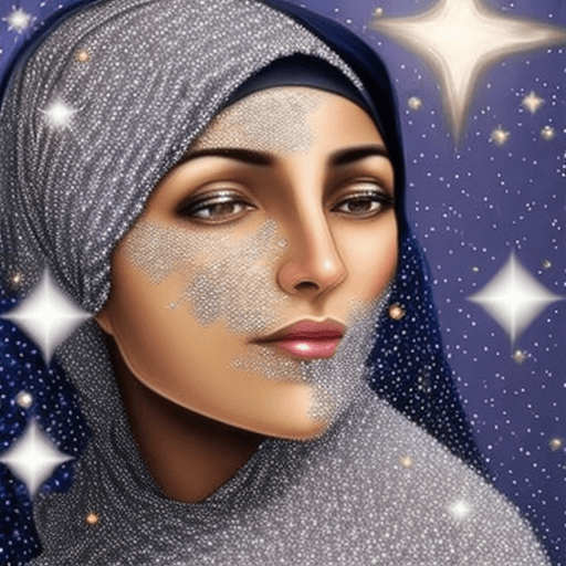 AI generated: Muslim hijabi women covered in diamonds, hyper realistic, floating in the universe --ar 9:16