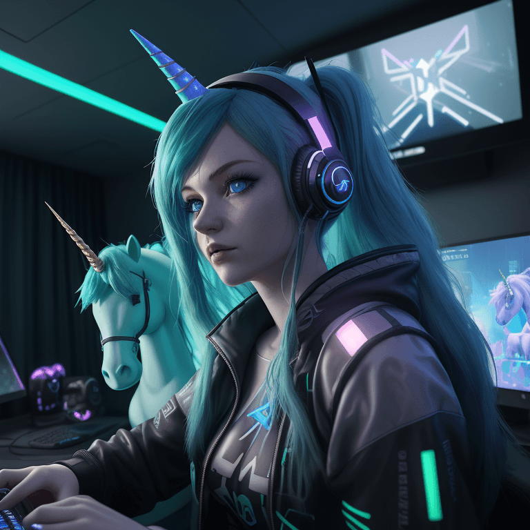 AI generated: Girl with emerald hair, headphones on her head, blue eyes, flying plush glowing unicorn, cyberpunk, ...
