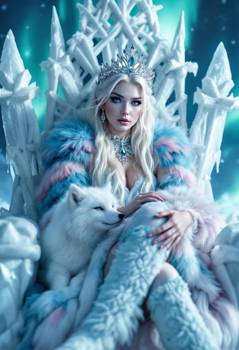 AI generated: 4K, magazine photo shoot quality image of a beautiful 23-year-old platinum blonde ice queen with bea...