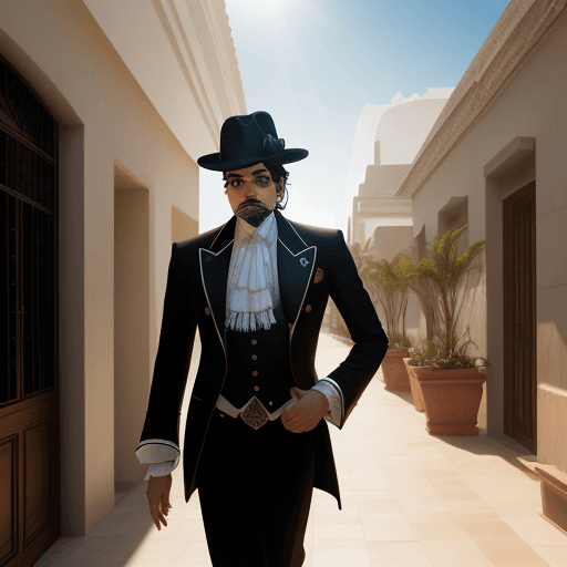 AI generated: Hyper-realistic exterior photography at eye level of a man in a modern, elegant style, with a Michae...
