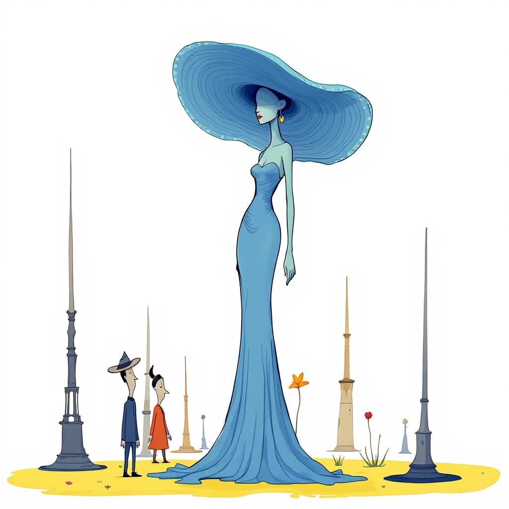 AI generated: surreal artistic illustration featuring a tall, slender figure. The figure is wearing a long, blue d...