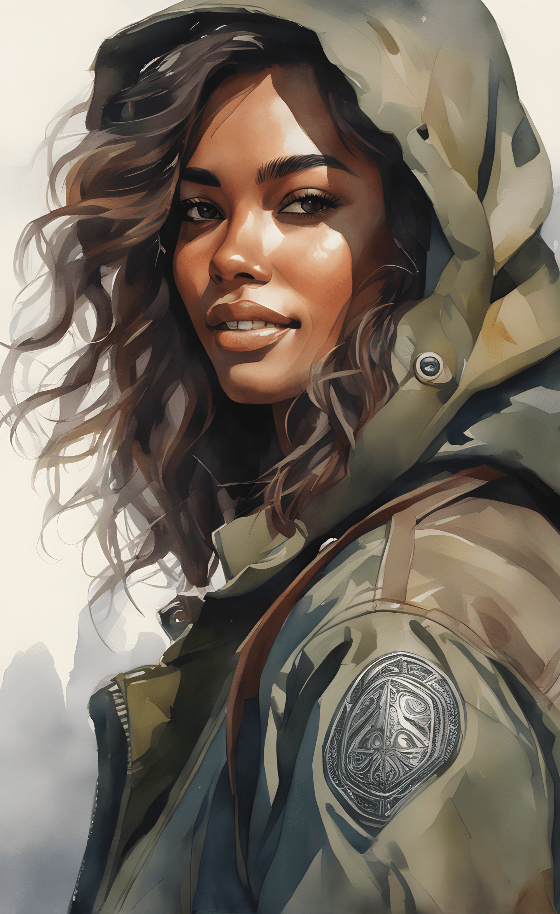 AI generated: A brown young girl smal skin sensuale smile young smal girl  petrol winter jacket, realistic paintin...