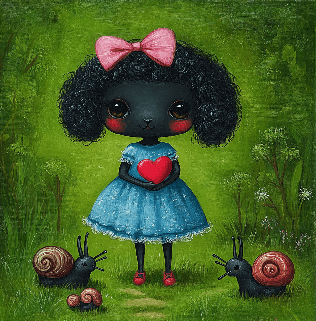 AI generated: A cute little black sheep girl, wearing a blue skirt and red shoes with a pink bow on her head, hold...