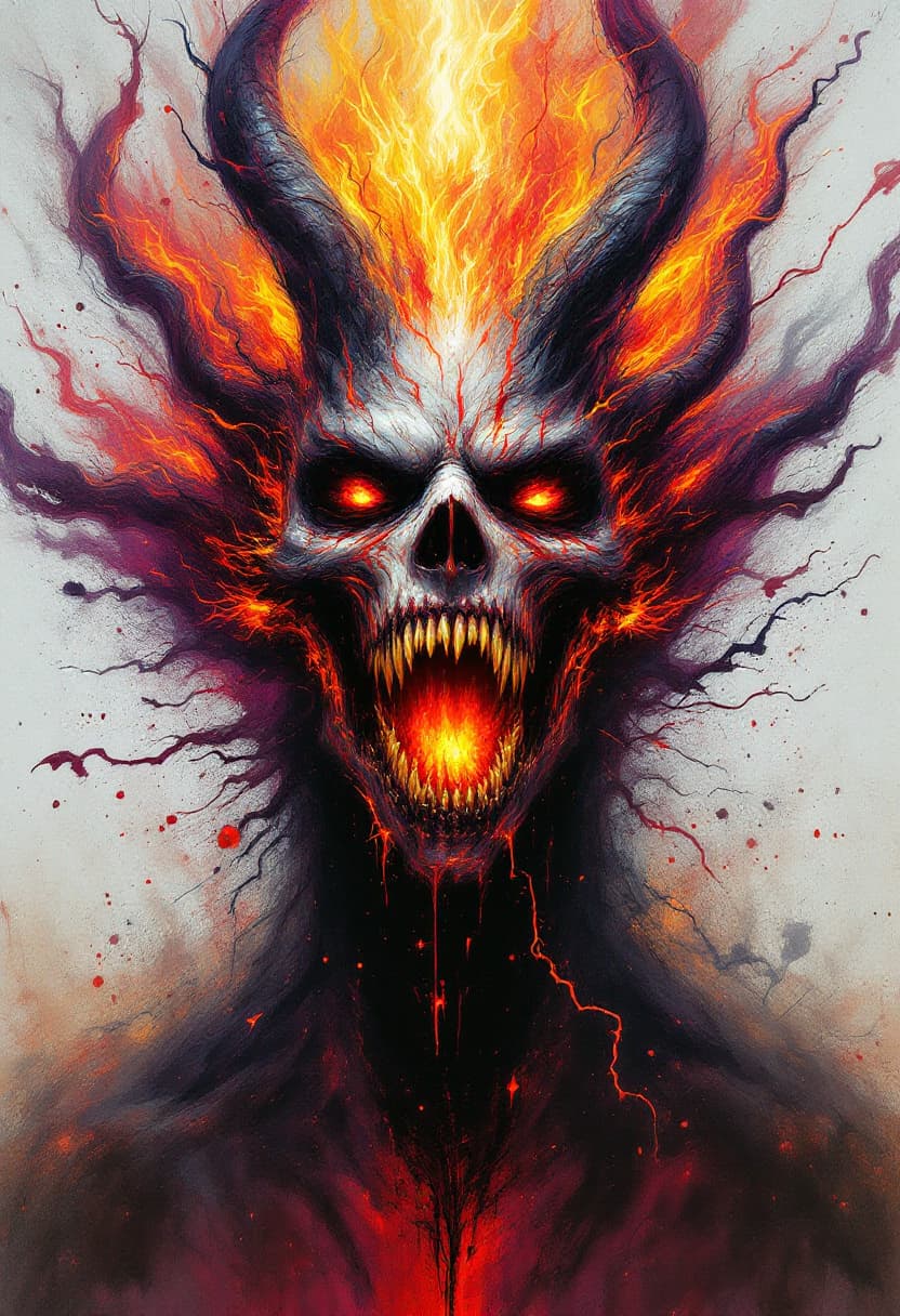 AI generated: Awe-inspiring painting of Awe-striking An enormous ifrit stands, its terrible flames contorting into...