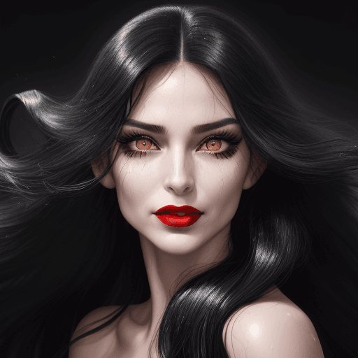 AI generated: A high-resolution photo of a fit model possessing long flowing black hair, mascara, makeup, (red lip...
