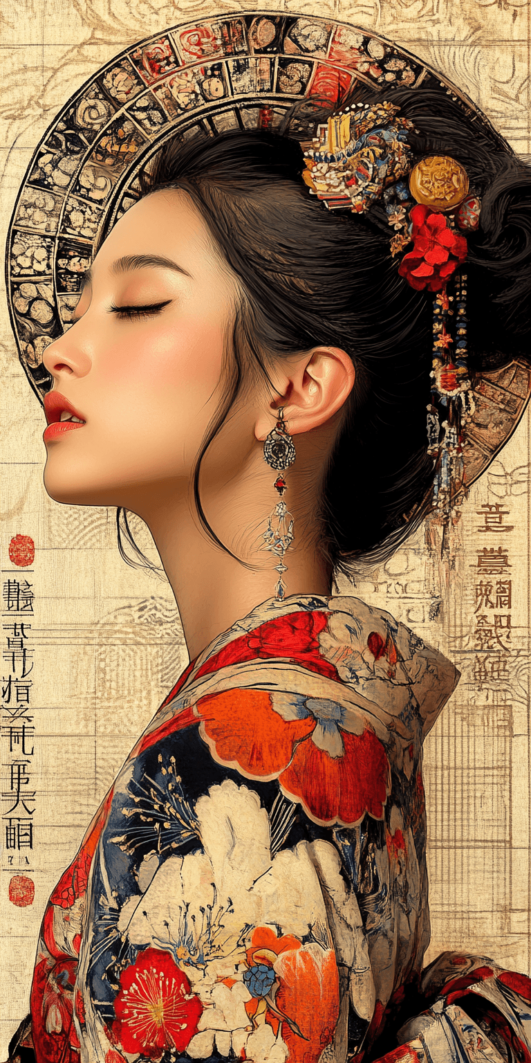 AI generated: a green, white, and red oriental painting, feminine beauty, in the style of botanical impressions, m...