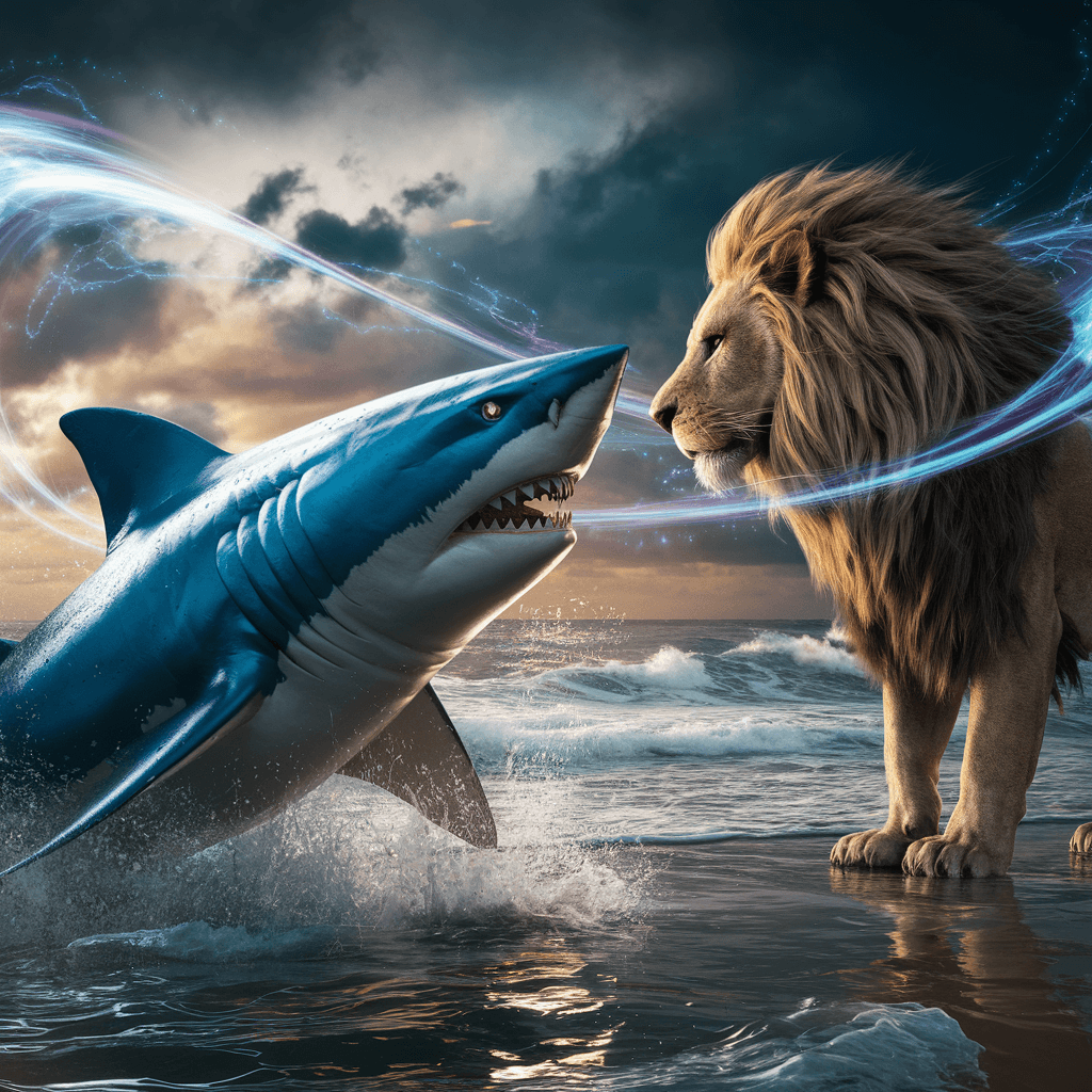 AI generated: A cinematic, hyper-detailed image depicting a fierce blue shark, its sleek, powerful body fully visi...