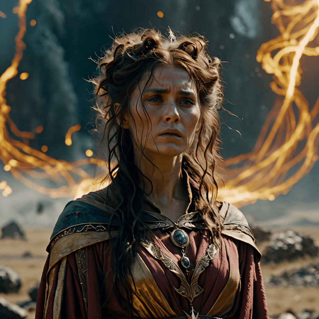 AI generated: Close-up, film still of, a saddened crying female wizard surrounded by magical energy, messy hair, w...