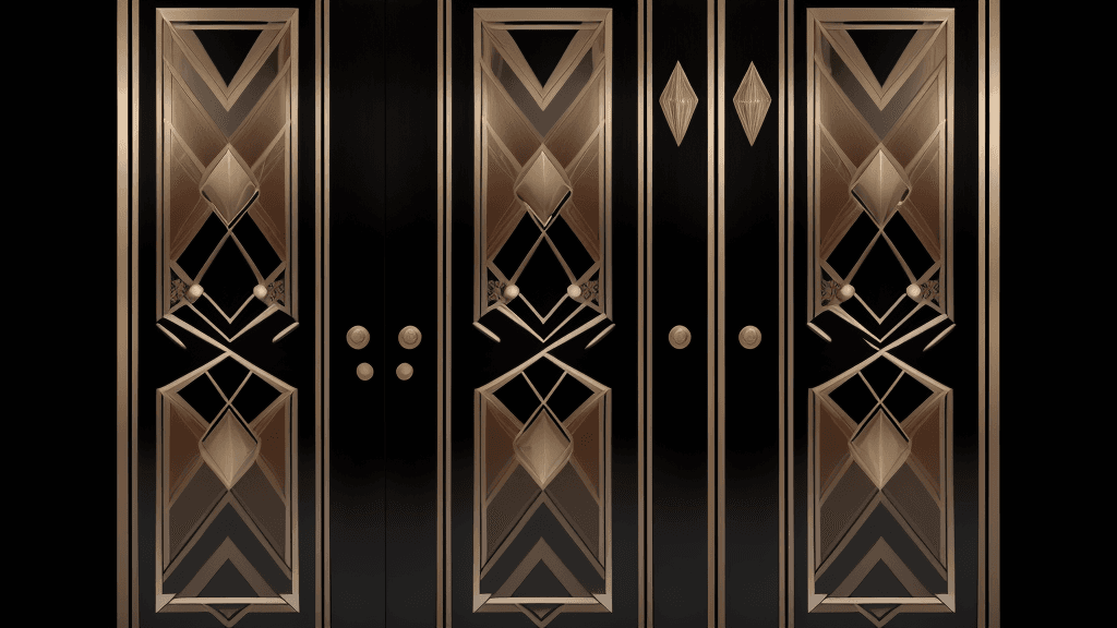 AI generated: a symmetrical double black and golden aesthetic door in which the entire door is visible