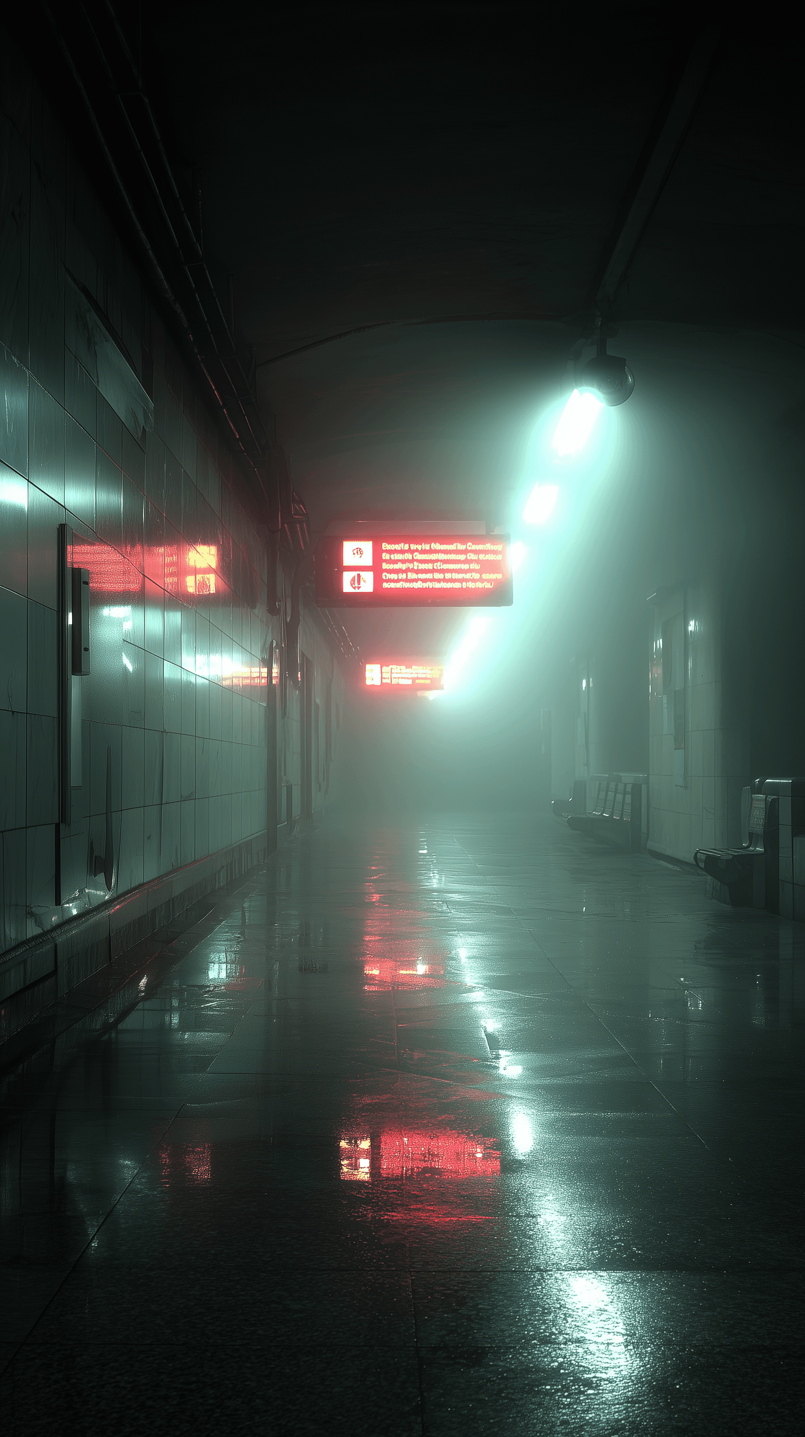 AI generated: liminal underground bus terminal, after-hours, sodium vapor glow, unoccupied, subtle fog, wet floor ...