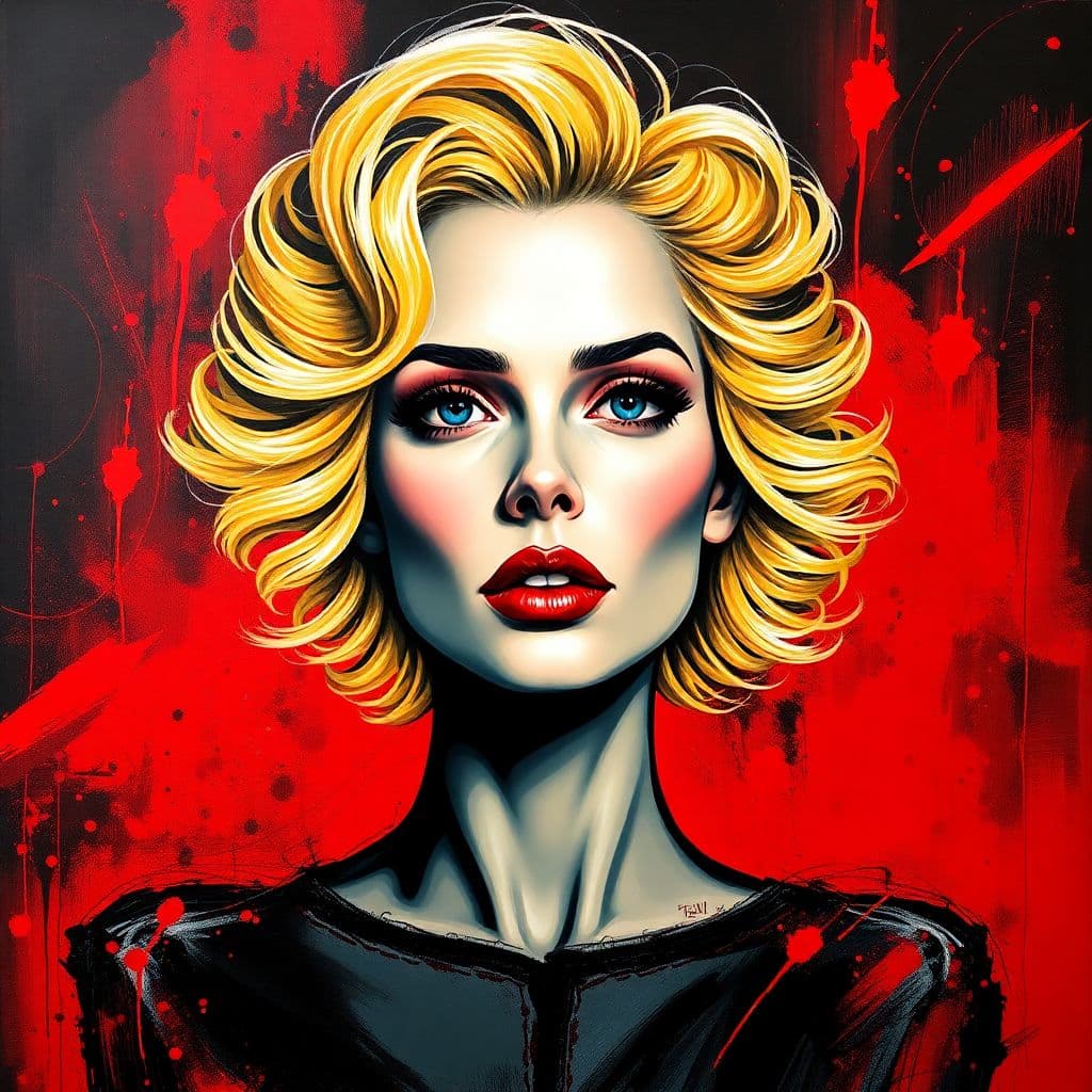 AI generated: The image is a vibrant and expressive painting of a woman with a striking appearance. The background...