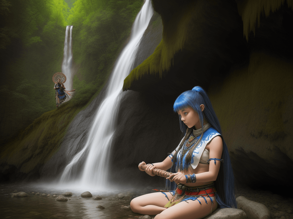 AI generated: Beautiful girl playing on shaman flute in the nature mountains, waterfall 1280px
