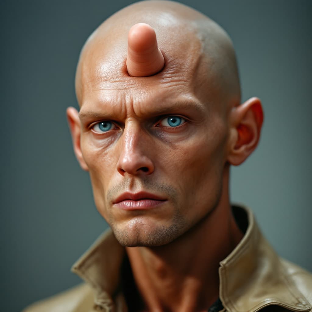 AI generated: A skinny male model with a collar around his neck. A finger is growing out of his forehead.