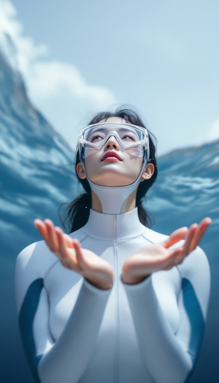 AI generated: High resolution image. A Korean woman wearing a white freediving suit and goggles. She is looking at...