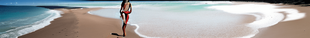 AI generated: a beautiful teen girl with light red skin, is walking on the beach, not very large breasts and hips,...