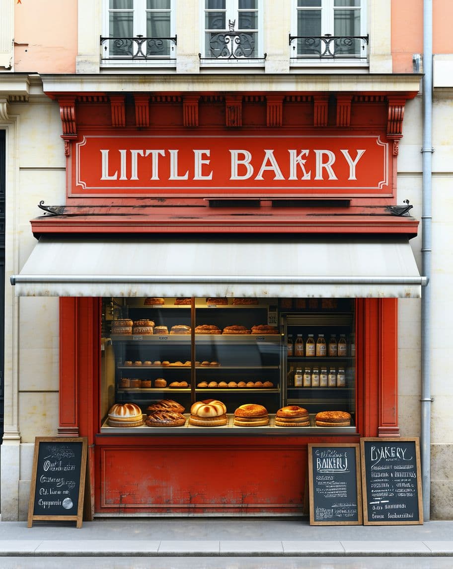 AI generated: Paris 1880, hyperrealistic illustration, a facade of a little bakery shop, front view, elevation, in...