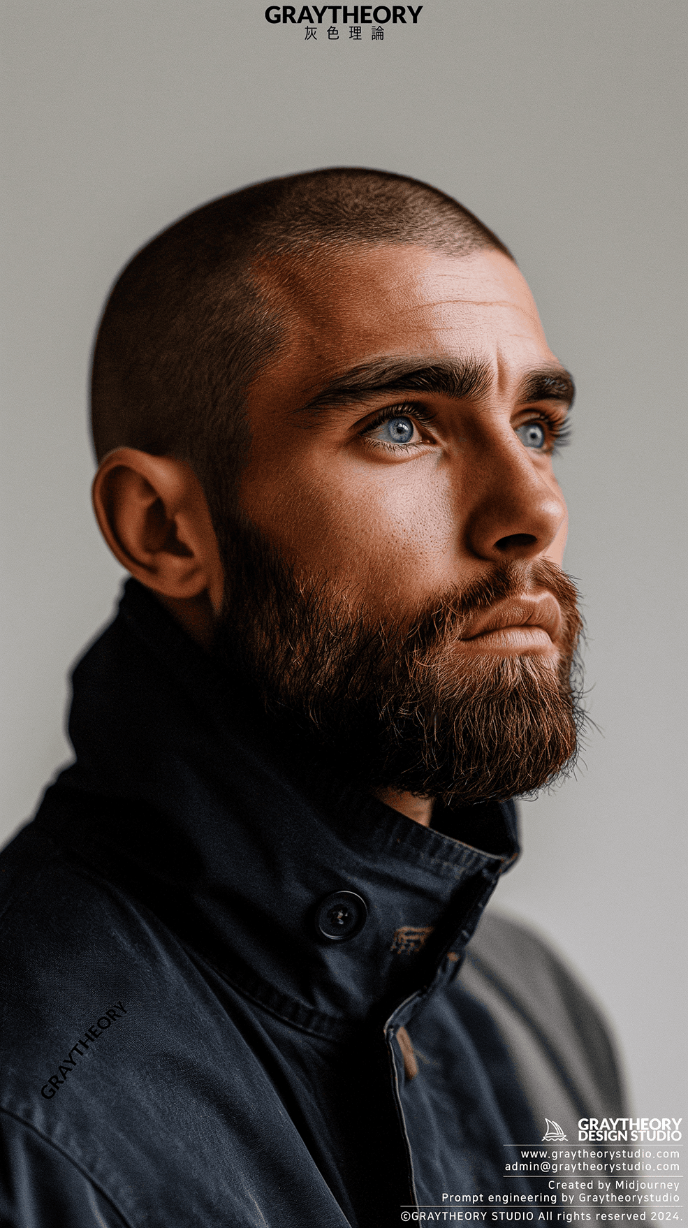 AI generated: Photograph, man, model, minimalist millitary, a bald head and beard, gaze, solid white environment, ...