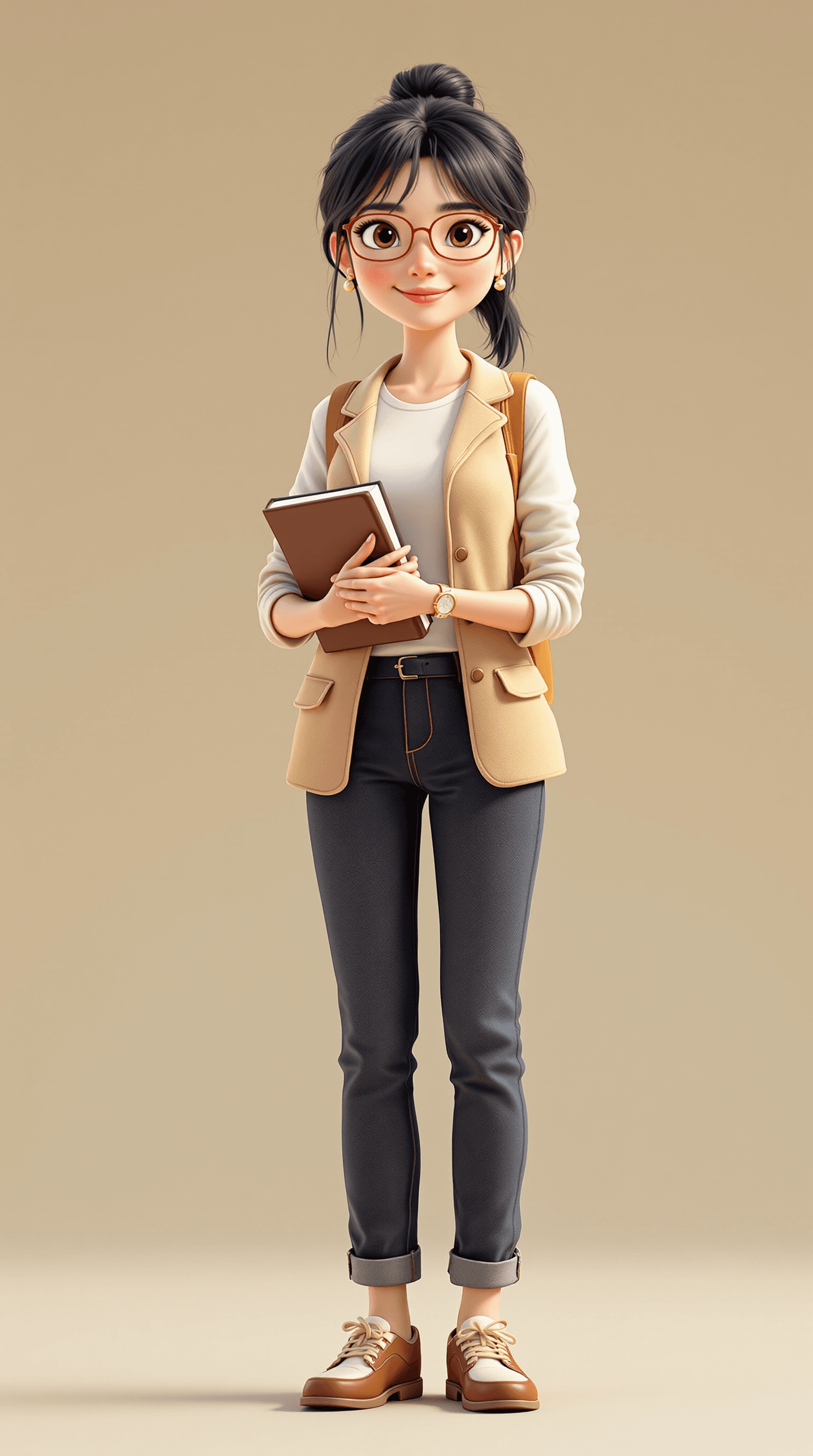 AI generated: Cartoon image of a 30-year-old Chinese female teacher, in casual professional attire, carrying a boo...