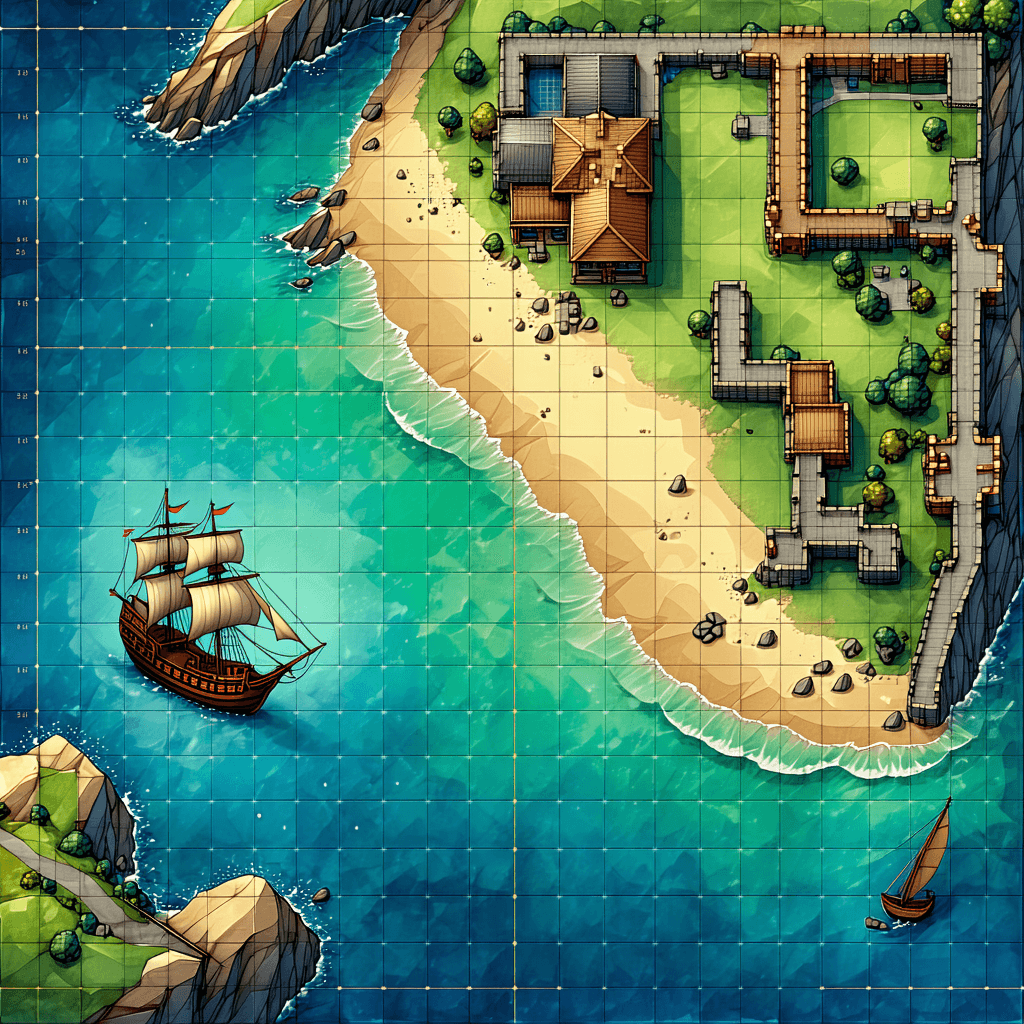 AI generated: A top down view of a D&D battlemap along the coast. A broken settlement on the shore. A majestic shi...