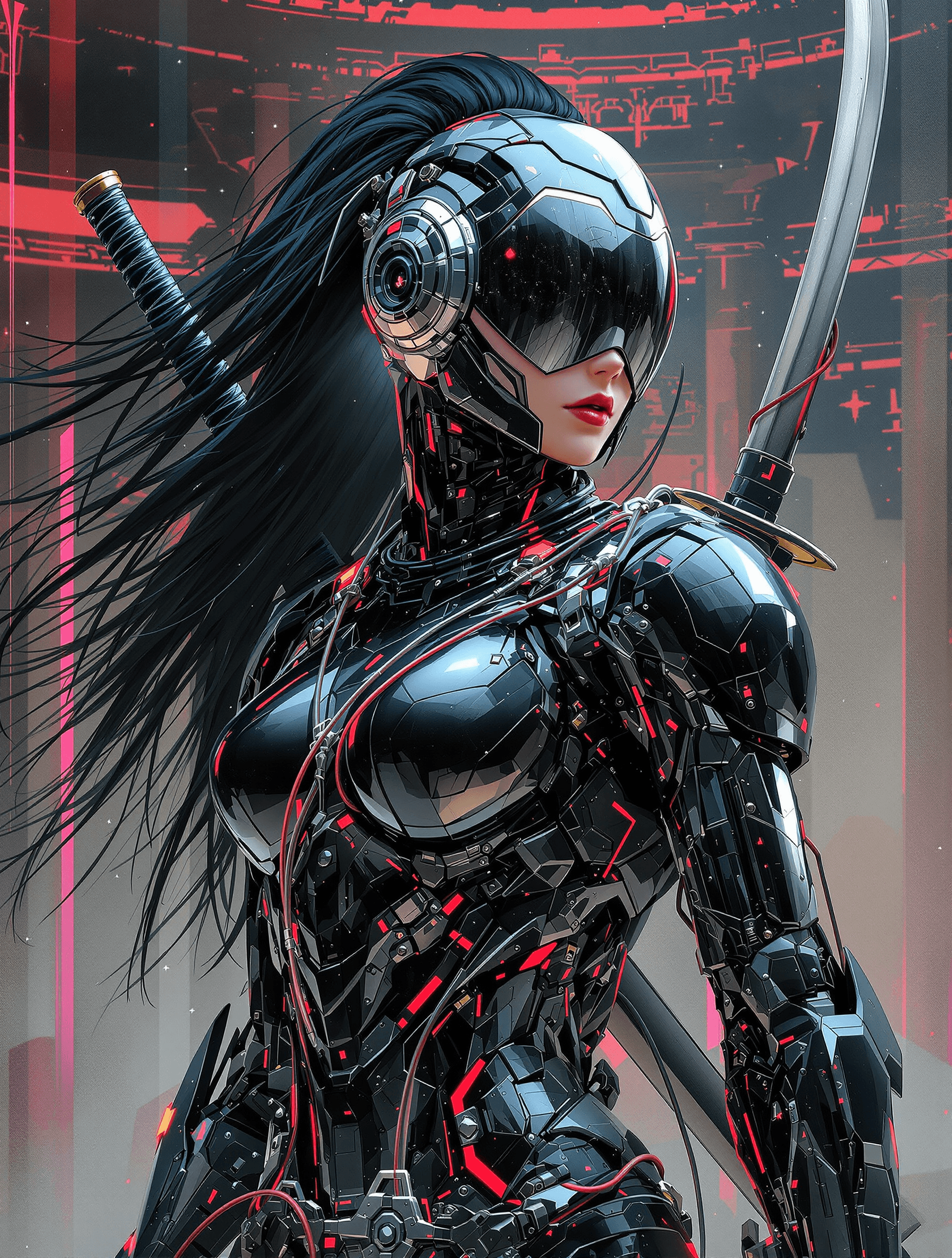 AI generated: in the style of ck-sfc, female cyberpunk robot samurai, robot face with mirrored face shield, hyperd...