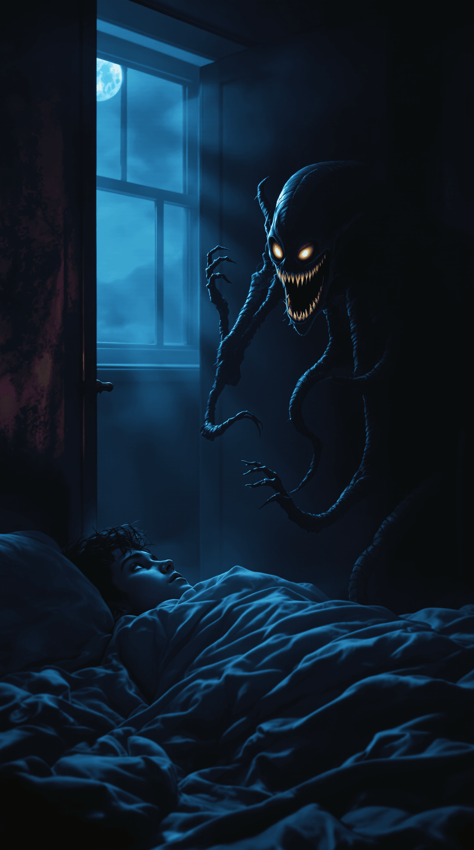 AI generated: A **dimly lit bedroom at night**, shrouded in an **eerie, unsettling glow** as **moonlight filters t...