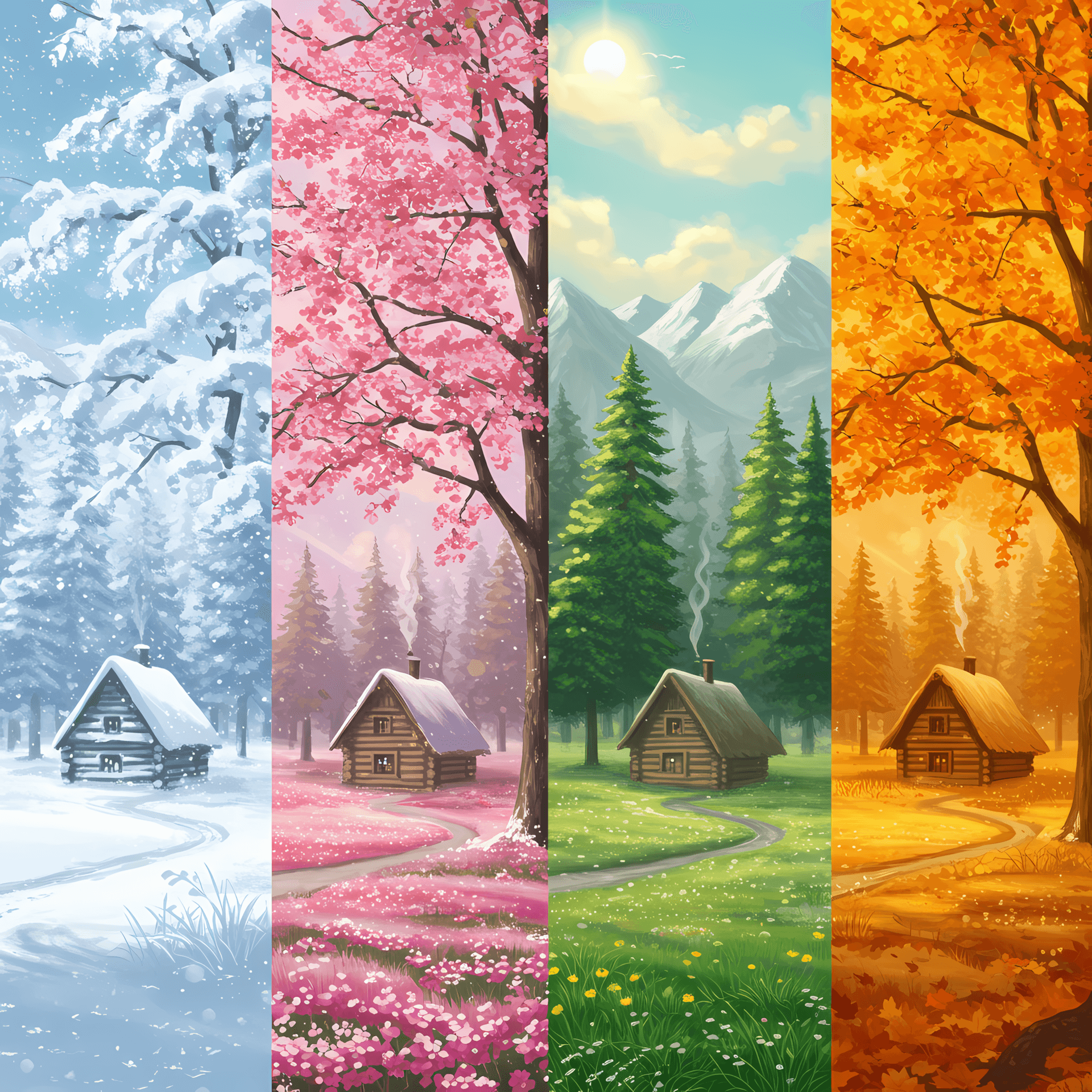 AI generated: panoramic illustration of one landscape transitioning through all four seasons left to right snowy w...