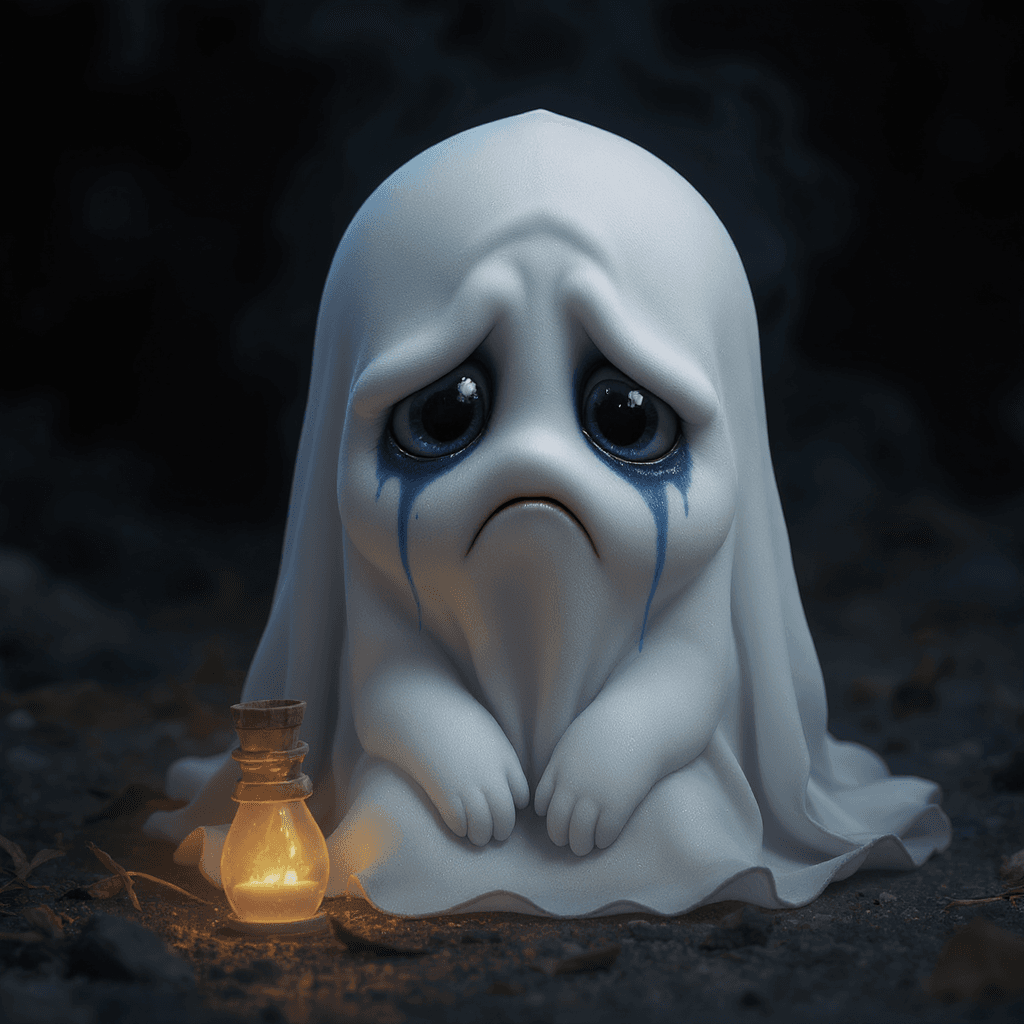 AI generated: Highly detailed CGI adorable chibified sad ghost on the ground with an ouchie