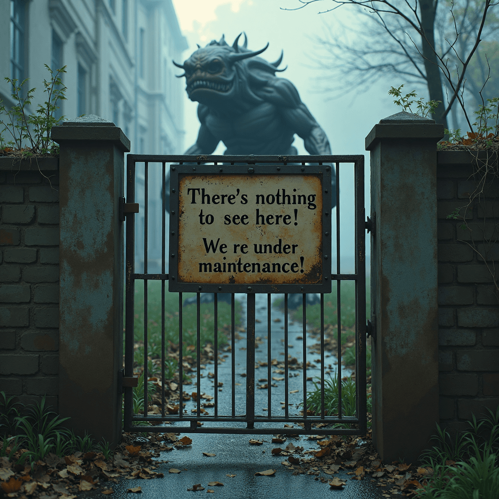 AI generated: metal fence, panel with a text ("There's nothing to see here! We're under maintenance!":1.12), cosmi...