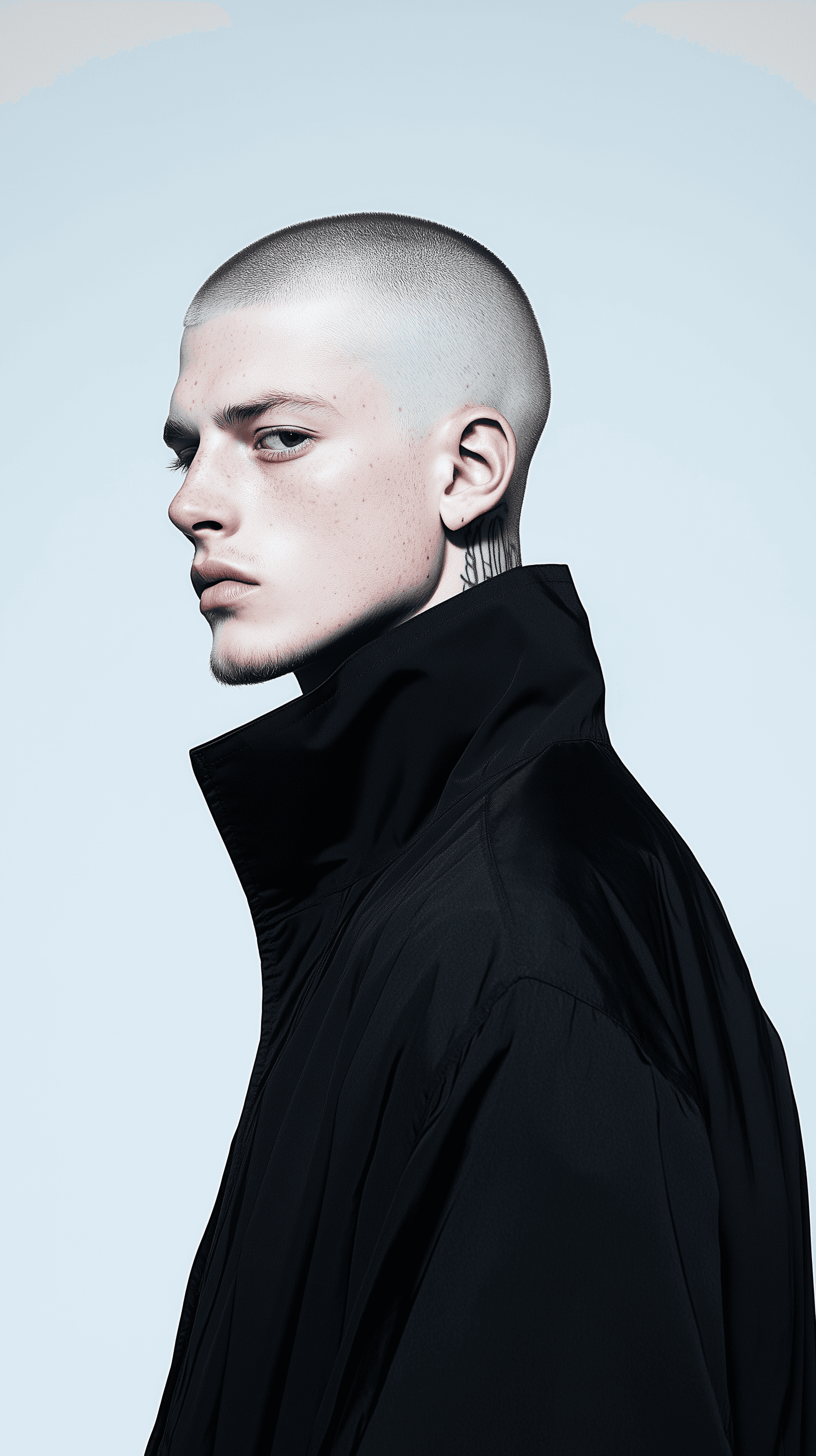 AI generated: photography, fashion male model, upper body, 45 degree, undercut hairstyle, some shaven face, garmen...