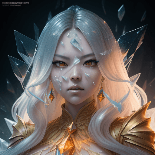 AI generated: impressive ominous fine golden lady shattered crystal shard glitch volumetric dynamic fluid simulati...