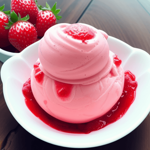 AI generated: A double ball of strawberry ice cream, decorated with strawberries and topped with strawberry jam, d...