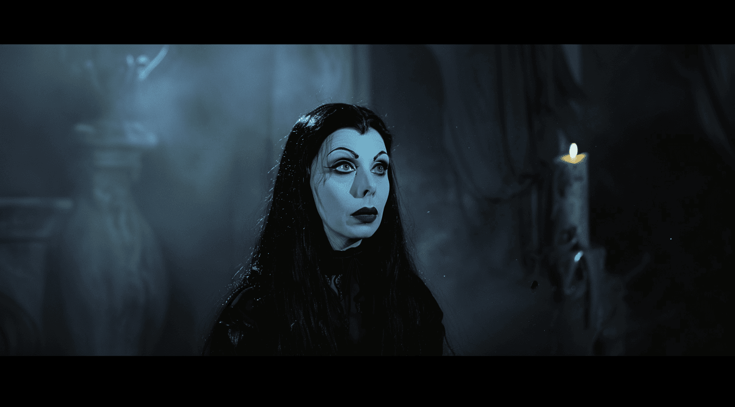 AI generated: VHS screengrab of the gothic Vampira woman with long black hair and wearing heavy makeup, in an epis...