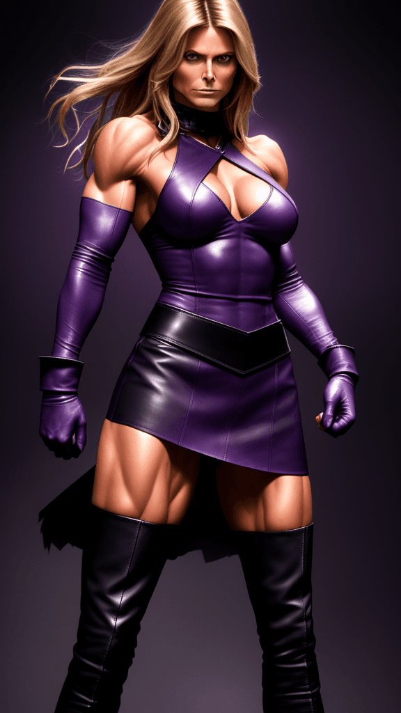 AI generated: Heidi klum as strong muscular woman, toned biceps, wears dark purple Leather skirt, dark purple Leat...