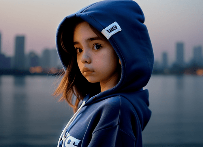 AI generated: Girl with hoodie, low angle view, front view