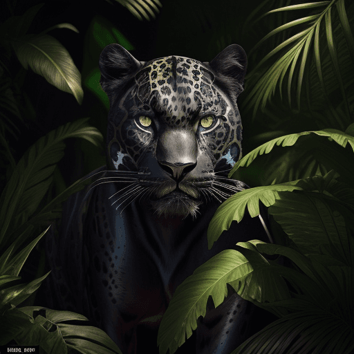 AI generated: In this portrait, a black jaguar, surrounded by a lush jungle environment. Detailed furr, intense ey...
