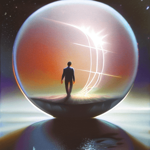 AI generated: hyperrealism art by Craig Mullins, image inside a crystal ball. 3rd person POV silhouette of a man w...