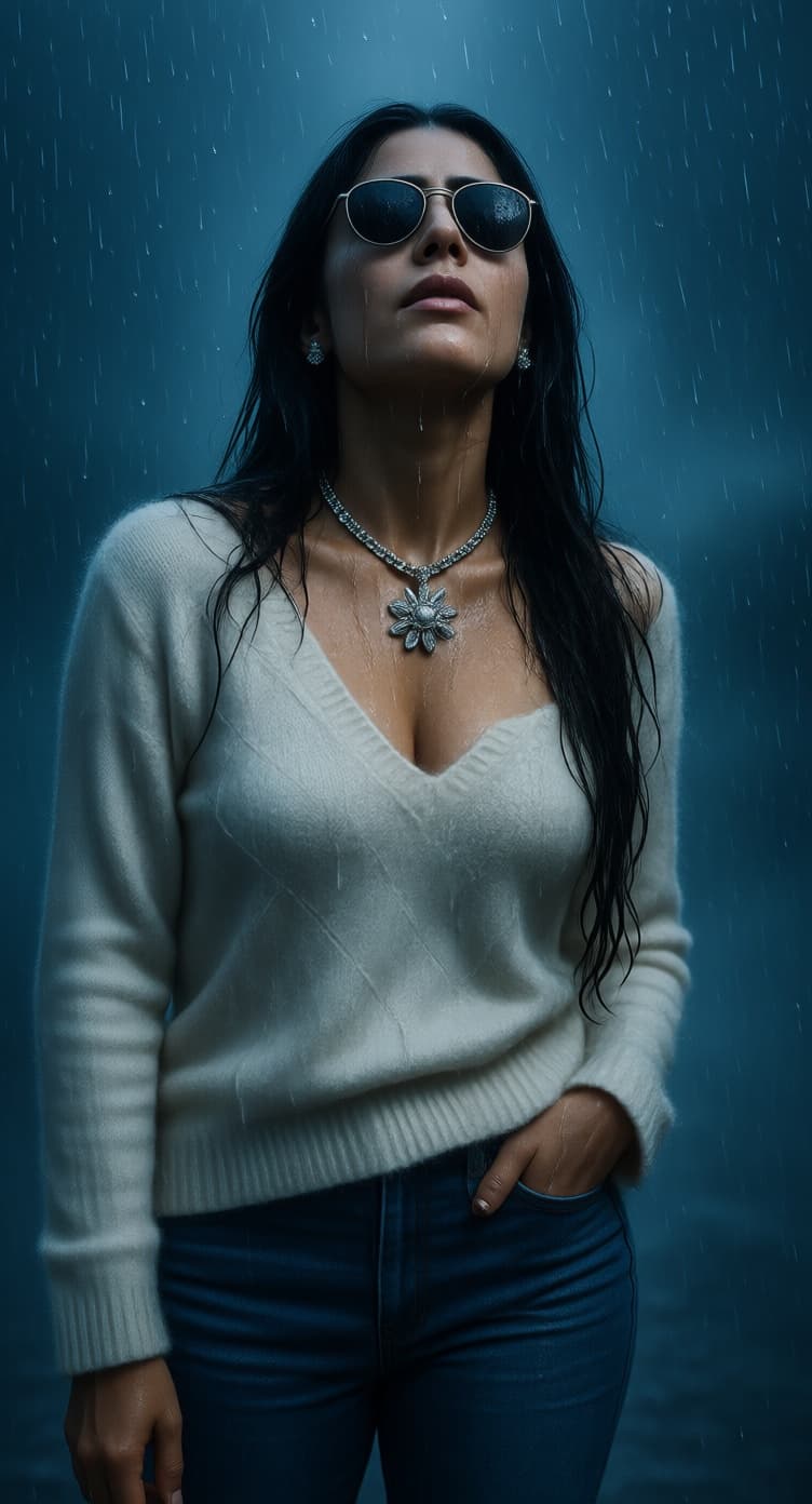 AI generated: Create an image with the attached photo of an elegant woman standing in intense rain, soaked, and a ...