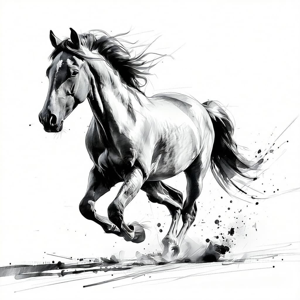 AI generated: a pencil drawing of a running horse, in the style of bold, gestural strokes, expressive facial anima...