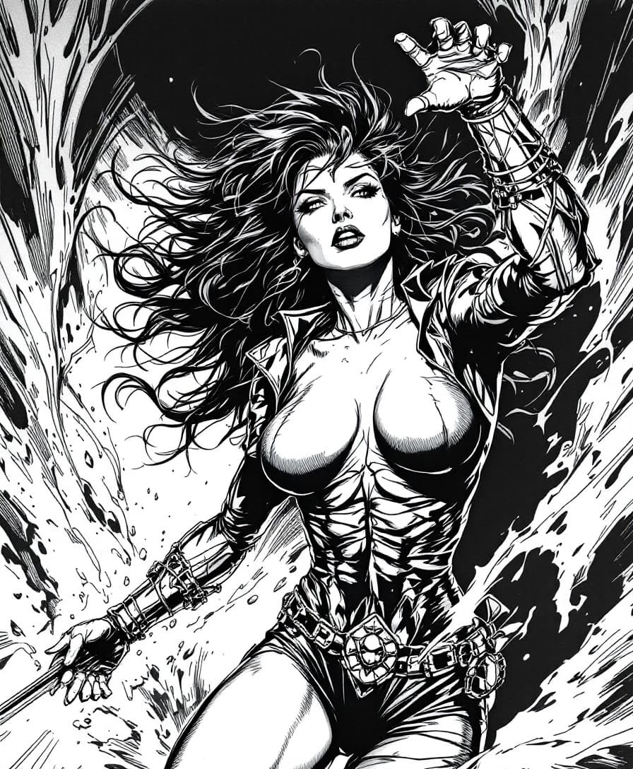AI generated: female in 90s Top Cow comic style, dynamic pose, inked line art, comic book illustration, detailed s...