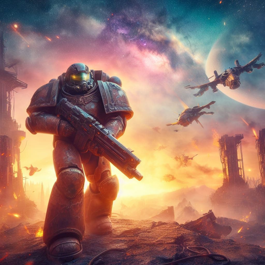 AI generated: space marine with weapon against aliens,epic,on an alien planet,beautiful sky with stars,starry nebu...