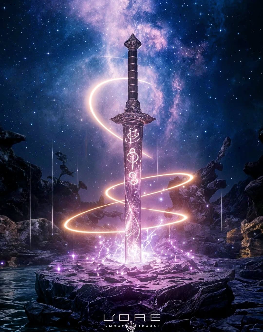 AI generated: A legendary katana, forged from pure diamond, rests on an obsidian altar beneath a mystical cosmic w...