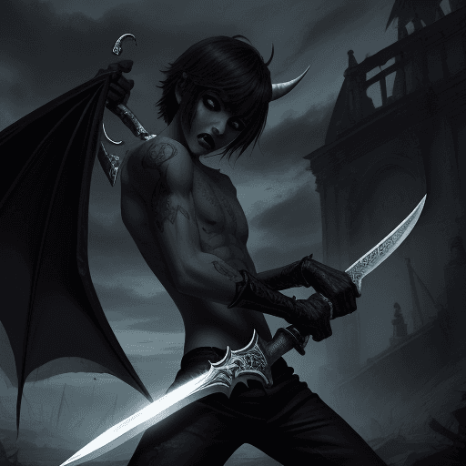 AI generated: demon boy
HD , postura con espada a ataque, si conbinar la espada al usuario,
 con un fondo de un lo...