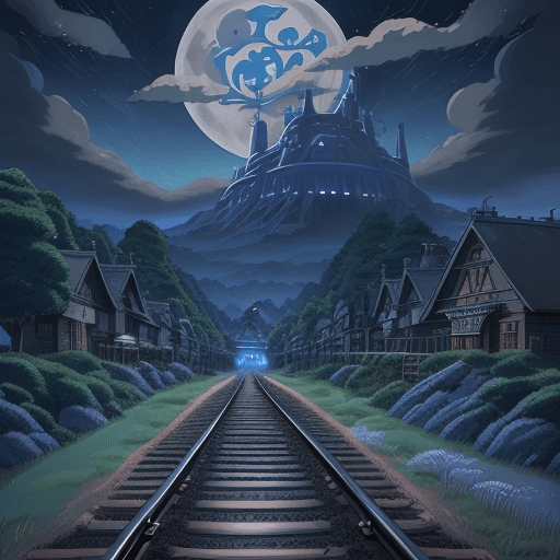 AI generated: ghibli studio inspired, fantasy world, cinematic, movie still, hand drawn, surreal, railroad tracks,...
