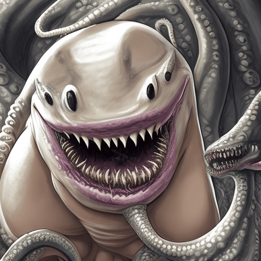 AI generated: Large tentacle monster with big shark-like teeth mouth eat extremely beautiful nude goddess masterpi...