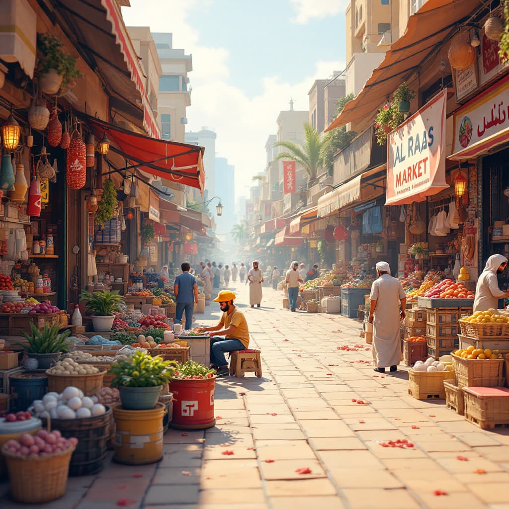 AI generated: creat image of al ras market in dubai that is wholesale  market of animated small figures , this is ...