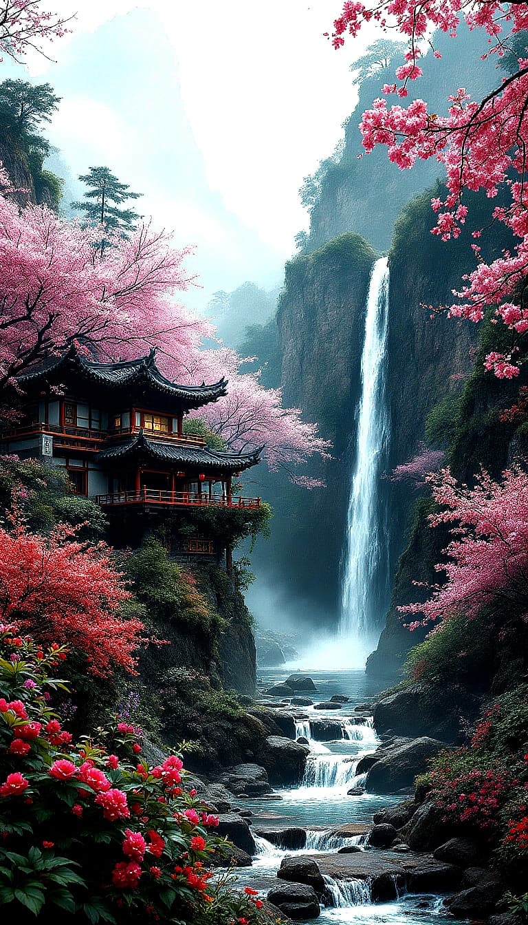 AI generated: A realistic, panoramic view of an ancient Karate dojo temple in a valley in the mountains of China. ...