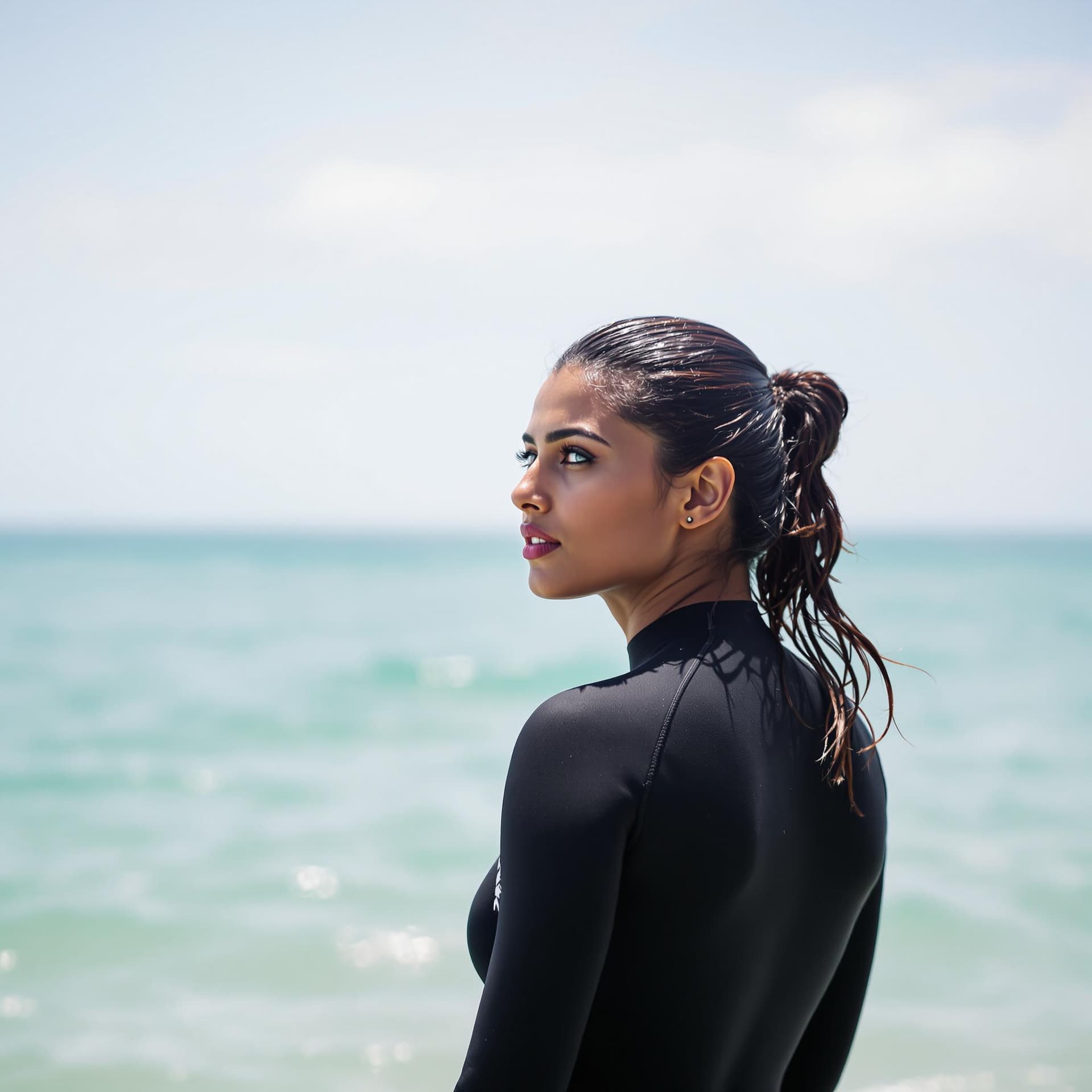 AI generated: High resolution image. Indian woman in black free diving suit. Focus on her back. Her gaze is to the...